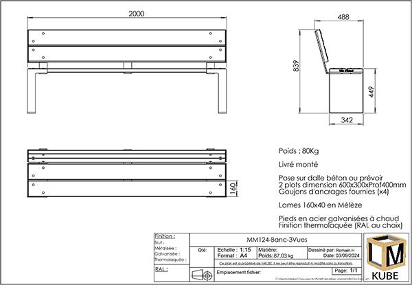 MM124-Banc PLAN DU BANC AVEC DOSSIER LINE M KUBE