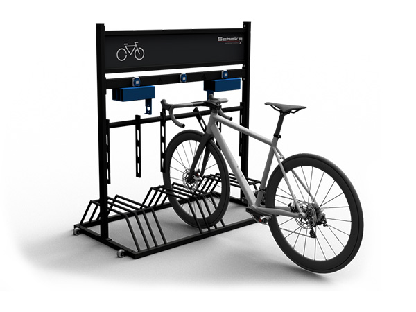 Support mobile 5 vélos électriques SCHAKE avec panneau publicitaire, 3 prises IP54 et supports pivotants, finition RAL 9005 mat