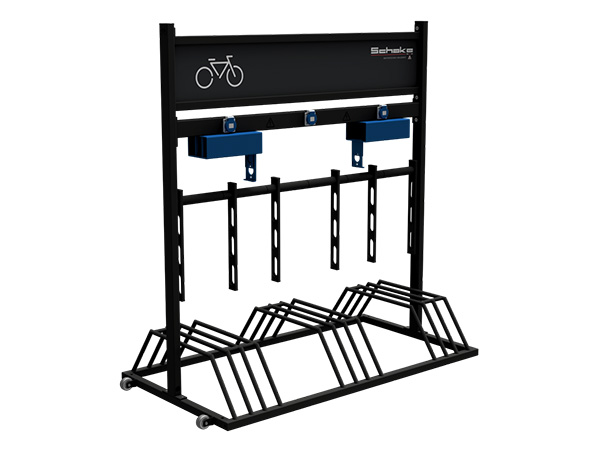 Porte-vélos mobile SCHAKE sur roulettes, structure galvanisée 130x70cm avec rangements pour chargeurs de vélos électriques