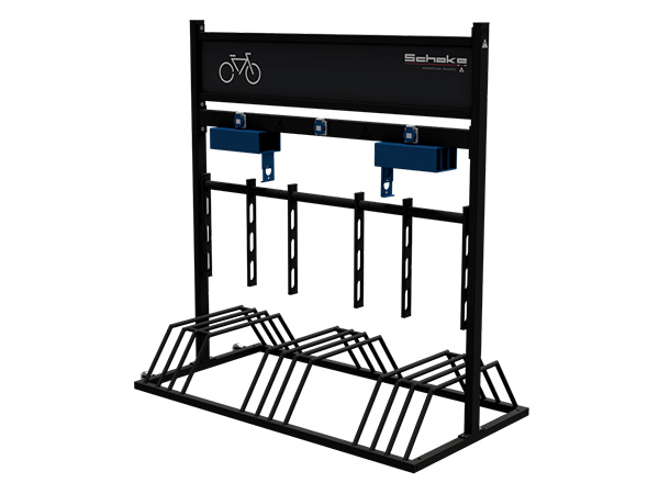 Rack vélos électriques SCHAKE mobile avec supports pivotants sécurisés, capacité pneus jusqu'à 55mm, hauteur 138cm