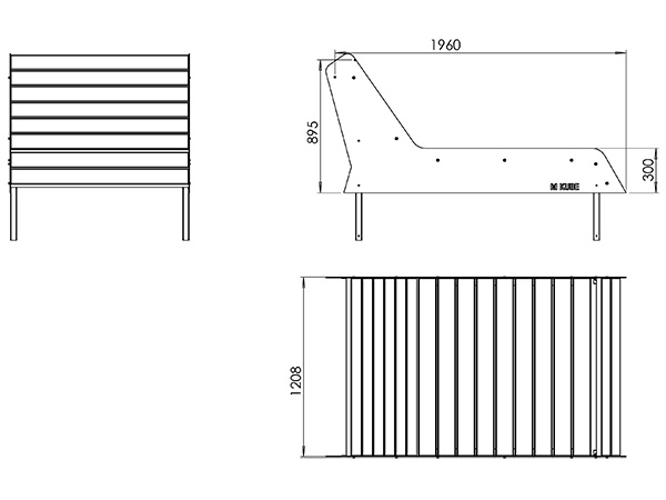 Plan technique de la chaise longue 2 places M-KUBE avec dimensions 2200x1208x895 mm et spécifications