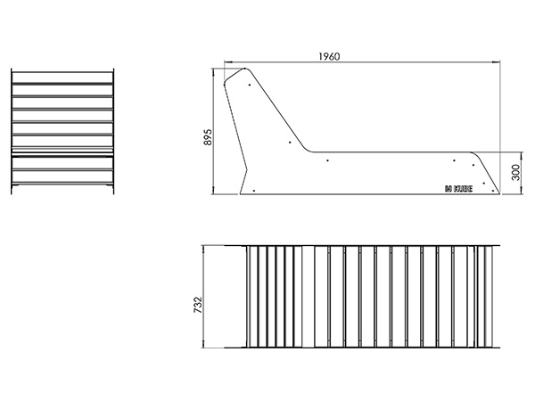 Plan technique de la chaise longue M-KUBE avec dimensions 2200x732x895 mm et détails de construction