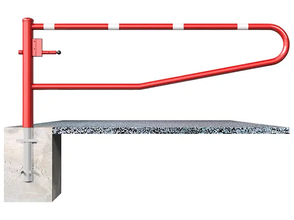 Détail de fixation au sol à bétonner de la barrière pivotante SCHAKE avec poteau en tube acier Ø 102 mm
