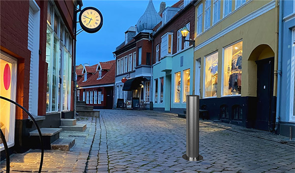 Poteau escamotable SCHAKE installé en milieu urbain pour contrôle d'accès piétonnier